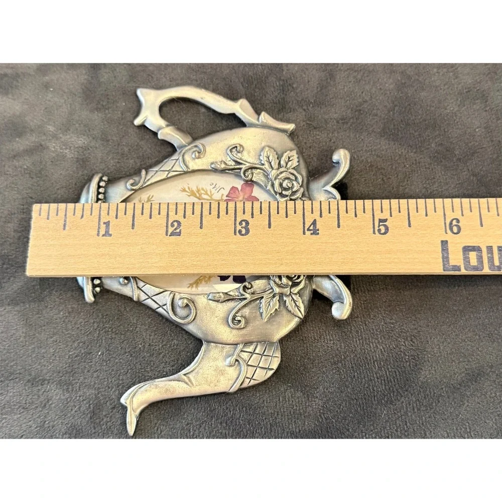 Teapot Picture Frame Silver Tone Pressed Flowers Rose Pewter Cottagecore Garden